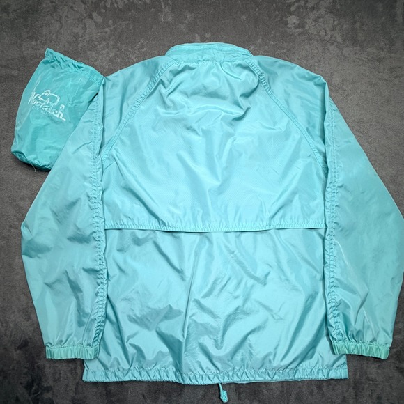 Vtg 80s Woolrich Woman Windbreaker Jacket M Surf Green Packable Lightweight Hood - Picture 2 of 8